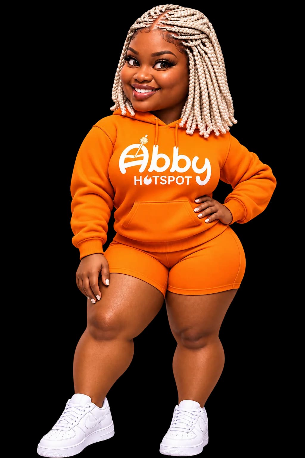 Abby, la mascotte d'Abby Hotspot, en sweat orange