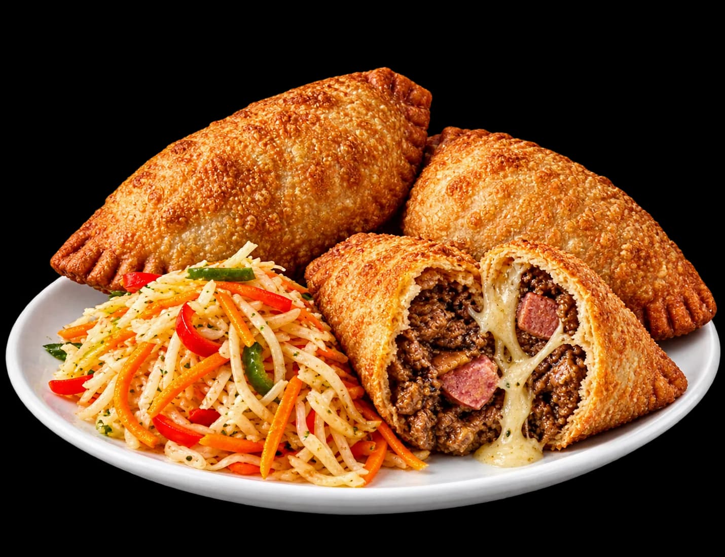Trois pâtés kòde dorés, l'un ouvert sur une farce de bœuf, hot-dog et fromage fondu, avec une salade de chou croquante